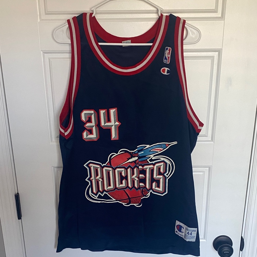Vintage Champion Navy, Red & White Houston Rockets #34 Jersey - Olajuwon
